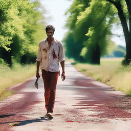 A man walking along the side of the road in the summertime, carrying a small bloody machete