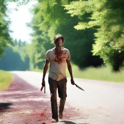 A man walking along the side of the road in the summertime, carrying a small bloody machete