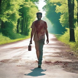 A man walking along the side of the road in the summertime, carrying a small bloody machete