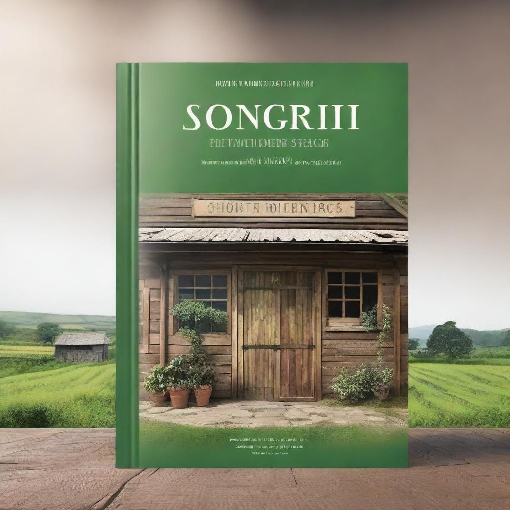 A detailed image of a rustic coffee warehouse facade in the countryside, designed as a book cover