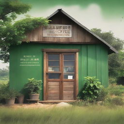 A detailed image of a rustic coffee warehouse facade in the countryside, designed as a book cover