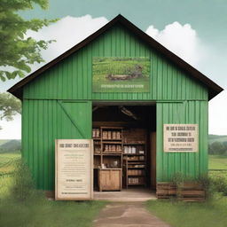 A detailed image of a rustic coffee warehouse facade in the countryside, designed as a book cover