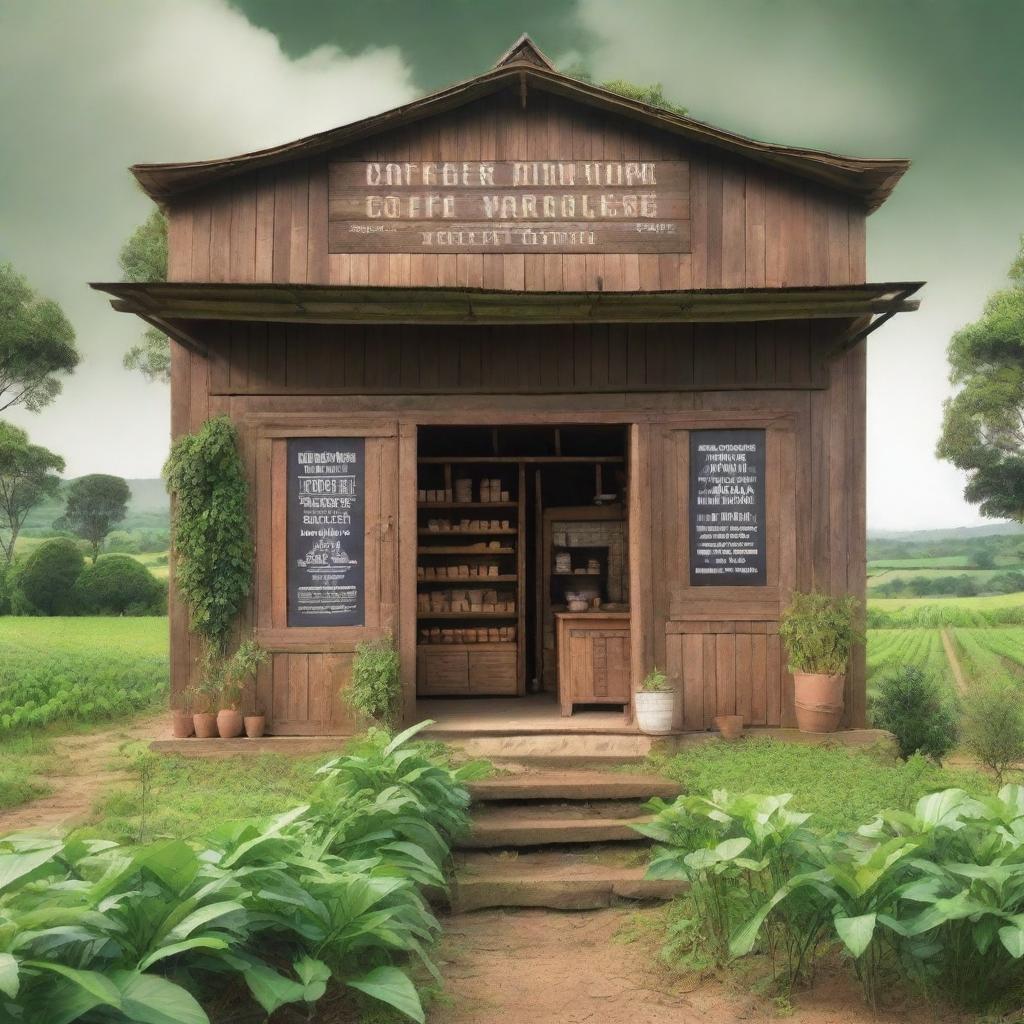 A detailed image of a rustic coffee warehouse facade in the countryside, designed as a book cover