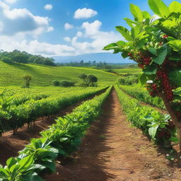 A beautiful coffee plantation with rows of coffee plants stretching into the horizon