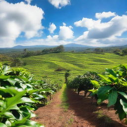 A beautiful coffee plantation with rows of coffee plants stretching into the horizon