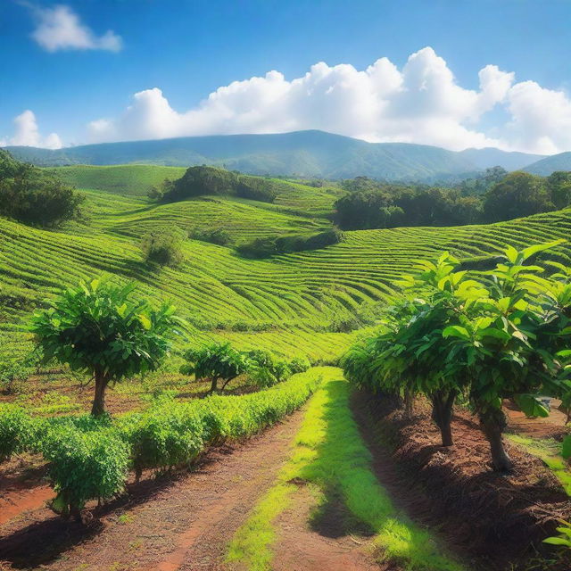 A beautiful coffee plantation with rows of coffee plants stretching into the horizon