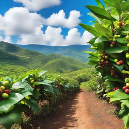 A beautiful coffee plantation with rows of coffee plants stretching into the horizon