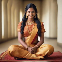 A South Indian girl wearing a traditional banty, sitting gracefully on the floor