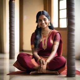 A South Indian girl wearing a traditional banty, sitting gracefully on the floor