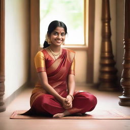 A South Indian girl wearing a traditional banty, sitting gracefully on the floor