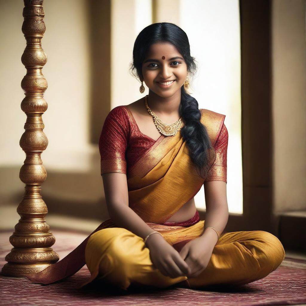 A South Indian girl wearing a traditional banty, sitting gracefully on the floor