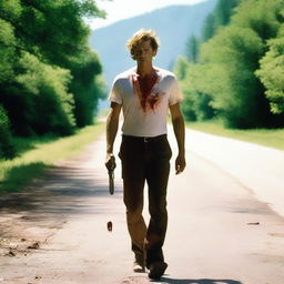 A white man walking along the side of the road in the summertime, carrying a small bloody machete