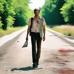 A white man walking along the side of the road in the summertime, carrying a small bloody machete