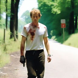 A white man walking along the side of the road in the summertime, carrying a small bloody machete