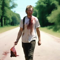 A white man walking along the side of the road in the summertime, carrying a small bloody machete