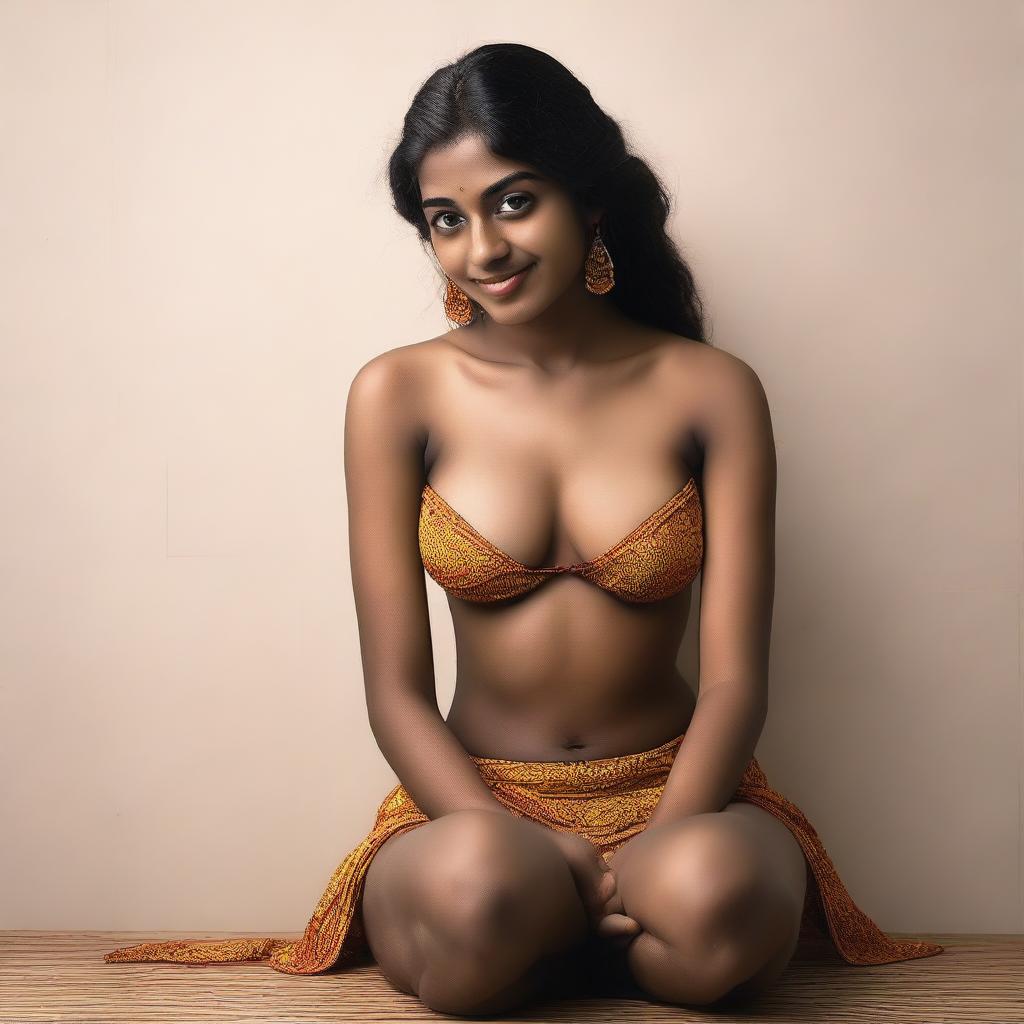 A South Indian girl sitting on the floor, wearing a bikini dress