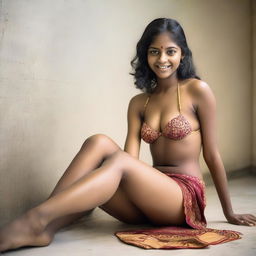 A South Indian girl sitting on the floor, wearing a bikini dress