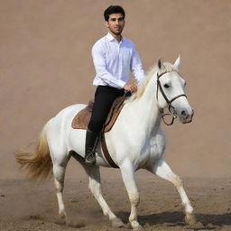 A 25-year-old Iranian Muslim male, donned in a white shirt and black pants, confidently riding a strong, majestic horse.