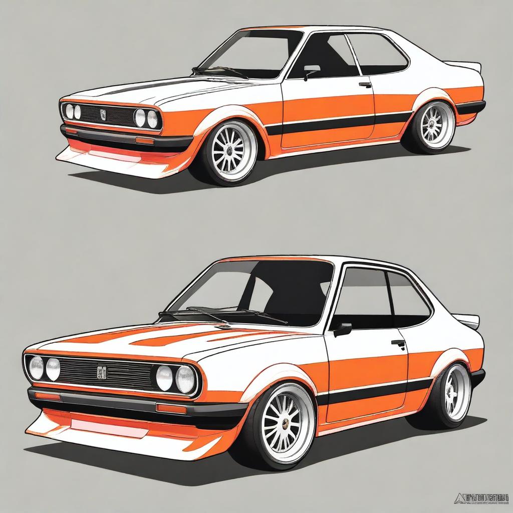 Create an illustration of a Fiat 147 modified to look like a Mustang GT