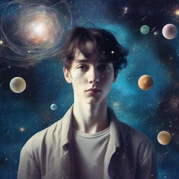 Generate a surrealist image with sci-fi touches of a young man with a melancholic gaze, surrounded by floating fragments of his memory