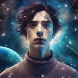 Generate a surrealist image with sci-fi touches of a young man with a melancholic gaze, surrounded by floating fragments of his memory