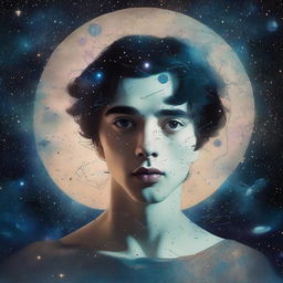 Generate a surrealist image with sci-fi touches of a young man with a melancholic gaze, surrounded by floating fragments of his memory