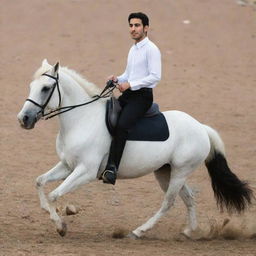 A 25-year-old Iranian Muslim male, donned in a white shirt and black pants, confidently riding a strong, majestic horse.