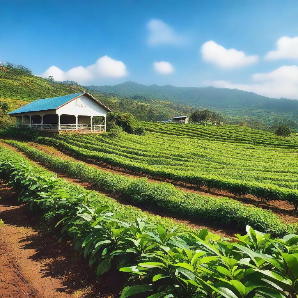 A vibrant coffee plantation with rows of coffee plants stretching across rolling hills under a clear blue sky