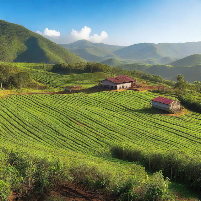 A vibrant coffee plantation with rows of coffee plants stretching across rolling hills under a clear blue sky