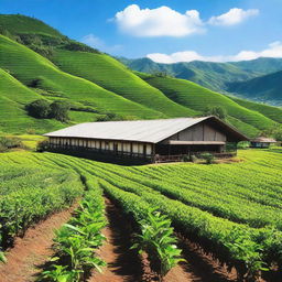 A vibrant coffee plantation with rows of coffee plants stretching across rolling hills under a clear blue sky