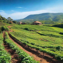 A vibrant coffee plantation with rows of coffee plants stretching across rolling hills under a clear blue sky