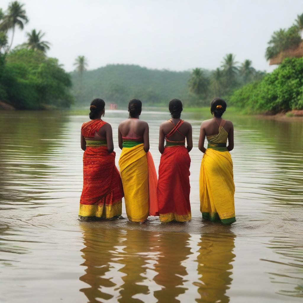 A group of women from Tamil Nadu bathing in a river, wearing colorful petticoats in red, green, and yellow