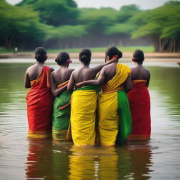 A group of women from Tamil Nadu bathing in a river, wearing colorful petticoats in red, green, and yellow