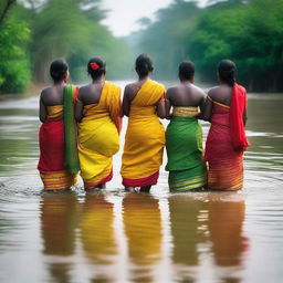 A group of women from Tamil Nadu bathing in a river, wearing colorful petticoats in red, green, and yellow