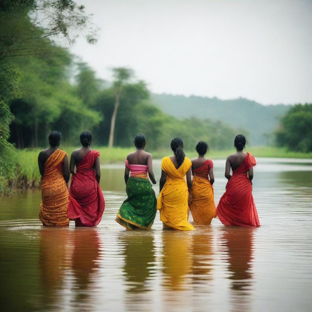 A group of women from Tamil Nadu bathing in a river, wearing colorful petticoats in red, green, and yellow