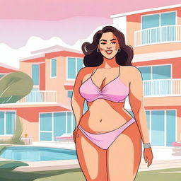 An illustration of an older, curvy, and plus-sized woman confidently wearing a bikini