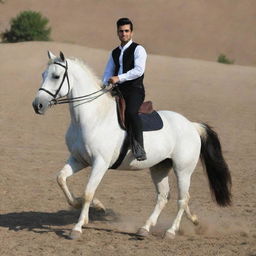 A 25-year-old Iranian Muslim male, donned in a white shirt and black pants, confidently riding a strong, majestic horse.