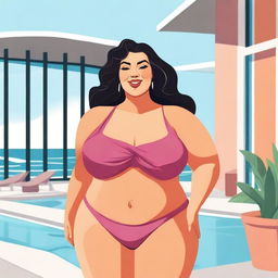 An illustration of an older, curvy, and plus-sized woman confidently wearing a bikini