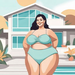 An illustration of an older, curvy, and plus-sized woman confidently wearing a bikini