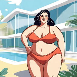 An illustration of an older, curvy, and plus-sized woman confidently wearing a bikini