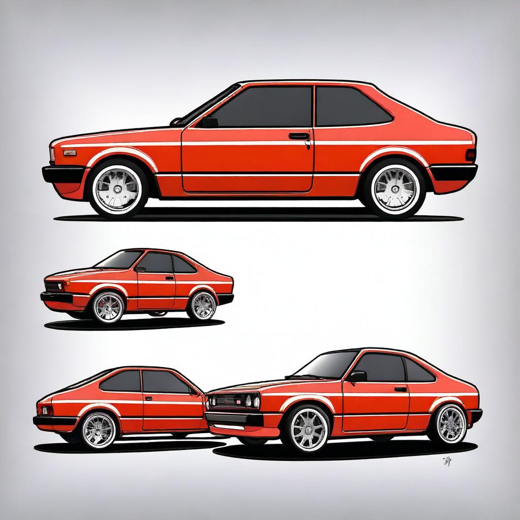 Create an illustration of a Fiat 147 tuned to resemble a new model Mustang while still being recognizable as a Fiat 147