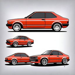 Create an illustration of a Fiat 147 tuned to resemble a new model Mustang while still being recognizable as a Fiat 147