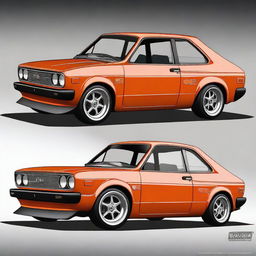 Create an illustration of a Fiat 147 tuned to resemble a new model Mustang while still being recognizable as a Fiat 147