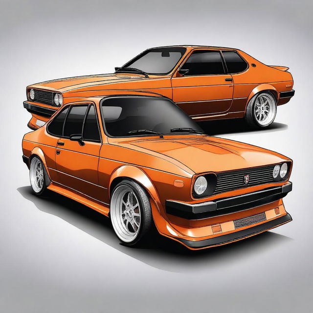 Create an illustration of a Fiat 147 tuned to resemble a new model Mustang while still being recognizable as a Fiat 147