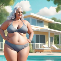 A realistic depiction of an older, curvy, and plus-sized woman confidently wearing a bikini