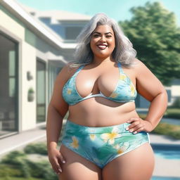 A realistic depiction of an older, curvy, and plus-sized woman confidently wearing a bikini