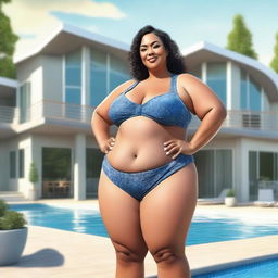 A realistic depiction of an older, curvy, and plus-sized woman confidently wearing a bikini