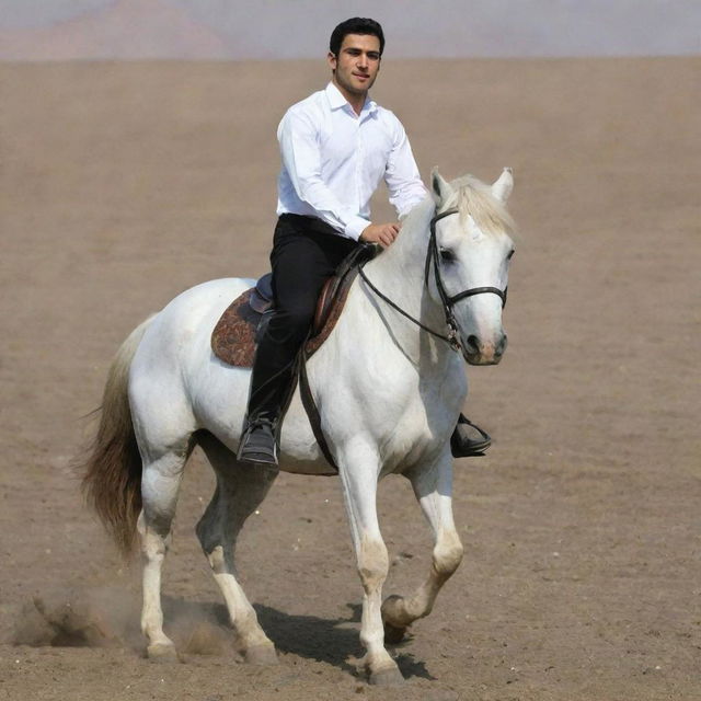 A 25-year-old Iranian Muslim male, donned in a white shirt and black pants, confidently riding a strong, majestic horse.