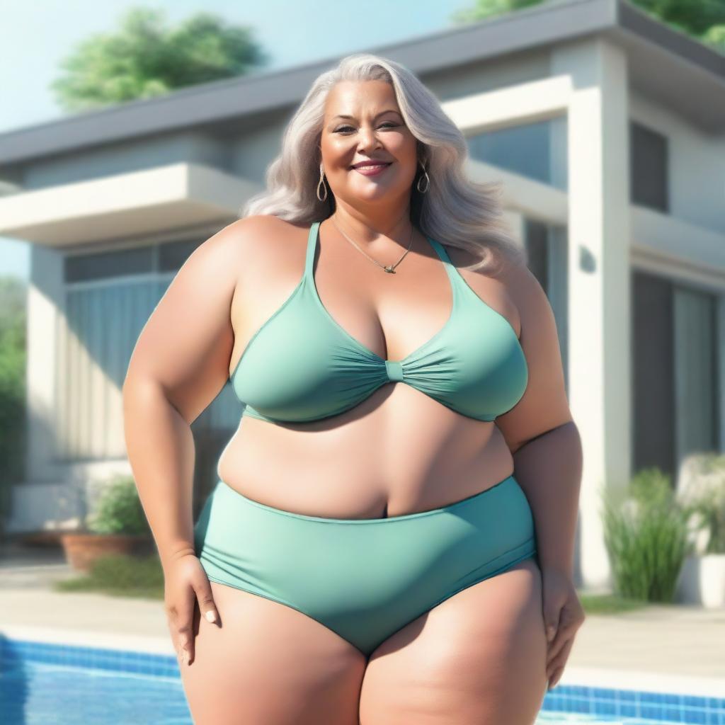 A realistic depiction of an older, curvy, and plus-sized woman confidently wearing a bikini