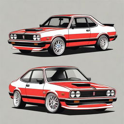 Create an illustration of a tuned Fiat 147 with the appearance of a Ford Mustang Cobra